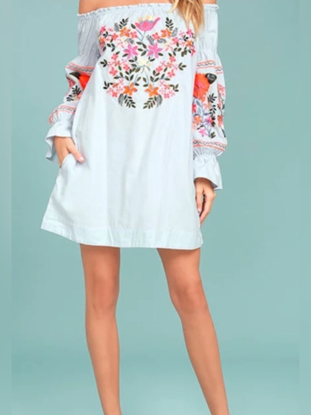 Free People Fleur Du Jour Pale Blue Off-Shoulder dress Size Medium